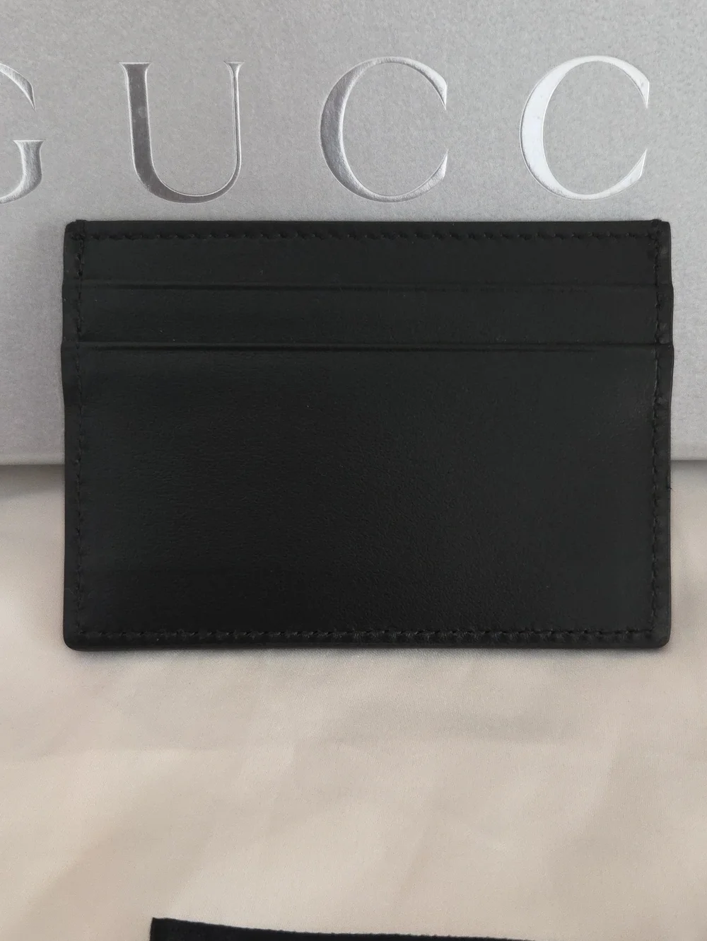 Gucci Black Leather Card Holder with Gold Logo Accent, box and dusty